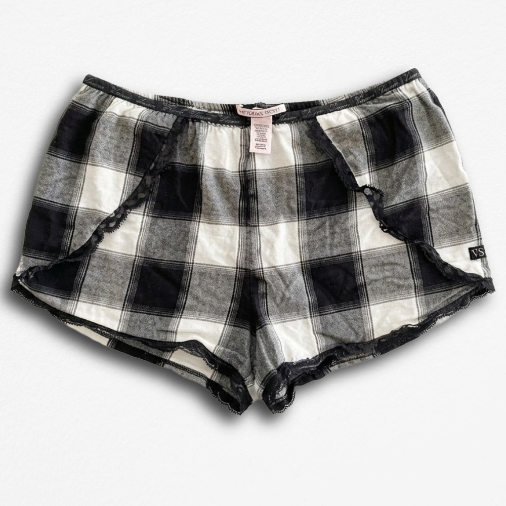 Victorias Secret Black White Buffalo Plaid Lace Trim Pajama Shorts Sleepwear